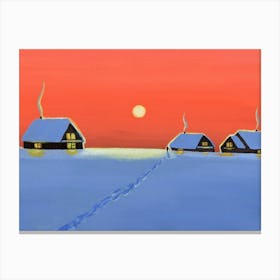 Sunset over the winter village Canvas Print