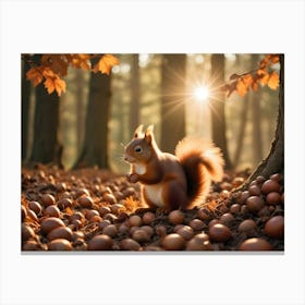 Red Squirrel Sitting On A Log Surrounded By Acorns In A Forest 5 Canvas Print