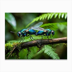 A Pair Of Vibrant Siam Blue Flies Perching On A Slender Rainforest Branch Construct Their Nest Amo (1) Canvas Print