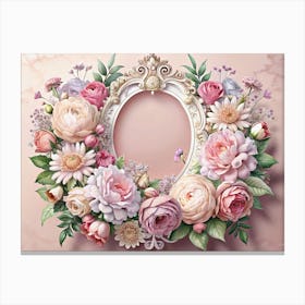 Floral Frame With Pastel Pink Roses And Ornate White Frame Canvas Print