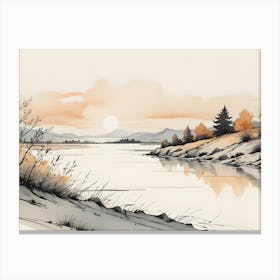 Watercolor Painting Of A Landscape With A River, Mountains, And Trees Canvas Print