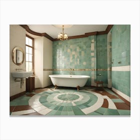 A Vintage Bathroom Interior With Green Tile Walls, A White Bathtub, And A Round Mosaic Floor Canvas Print