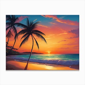 A Tranquil Beach At Sunset Horizontal Illustration 37 Canvas Print
