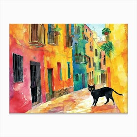 Tarragona, Spain   Cat In Street Art Watercolour Painting 1 Canvas Print