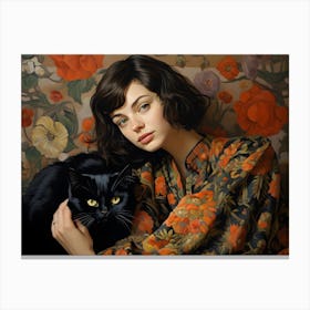 Contemporary Floral Cat And Woman 4 Canvas Print