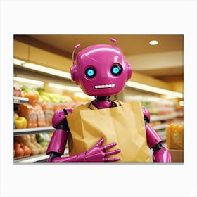 A Pink Robot Holding A Yellow Shopping Bag In A Supermarket Aisle Canvas Print