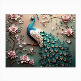 Peacock On Branch Canvas Print