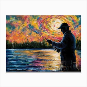 A man fishing at lakes silhouette - Acrylic oil painting  Canvas Print