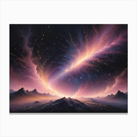 Surreal Landscape With Towering Mountains And A Bright, Swirling Energy Vortex In The Sky, Set Against A Backdrop Of Stars Canvas Print