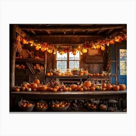 A Traditional Rural Barn Decked Out For An October Thanksgiving Festival Nostalgic Wooden Beams Glo 1 Canvas Print