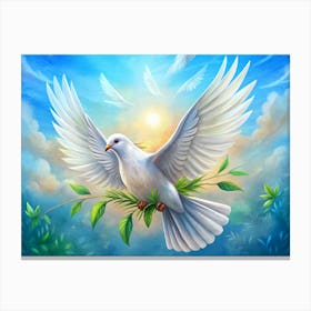 White Dove With Olive Branch Flying In The Sky Canvas Print