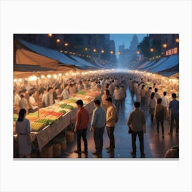 Vibrant Night Market Scene With Colorful Lights And Food Stalls Canvas Print