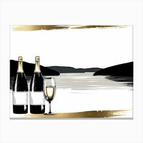 Two Bottles Of Wine On A Lake Canvas Print