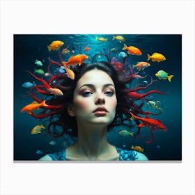 Portrait Of A Woman With Fish Canvas Print