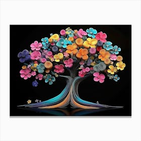 3d Tree Abstract Colorful Flower Art on Black Canvas Print