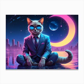 A Stylish Cat Wearing A Suit And Sunglasses Sits In A Meditative Pose On The Surface Of Water 1 Canvas Print