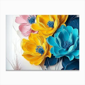 Modern Scene with Spectacular Hyper Realistic Abstract of Spring Flowers, Yellow, Blue, Teal & Pink Canvas Print