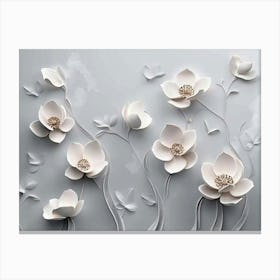 3D White Flowers On A Gray Wall Canvas Print