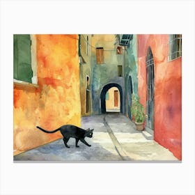 Black Cat In Taranto, Italy, Street Art Watercolour Painting 3 Canvas Print