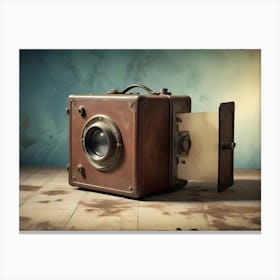 A Vintage, Antique Camera With A Large Lens, Resting On A White, Weathered Surface, With A Few Old, Faded Photographs Scattered Around It, Creating A Nostalgic And Timeless Atmosphere Canvas Print