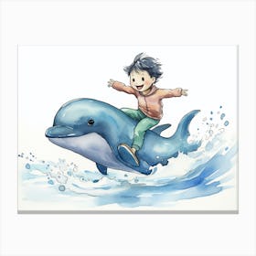 Happy Toddler Riding A Dolphin Canvas Print