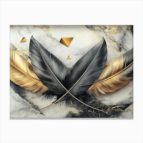 Golden And Black 3d With Feathers And Triangles On A Marble Background Canvas Print