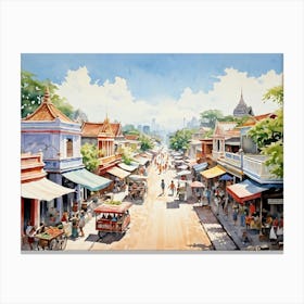 A Young Adventurer Meanders Through The Bustling Streets Of A Summer Town In Thailand Pastel Colore (5) Canvas Print