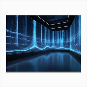 An Empty, Dark Room With A Wall Covered In Blue Lines Of Light That Resemble Falling Rain Or Data Streams Canvas Print