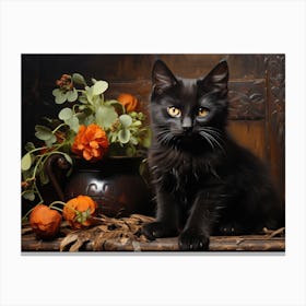 Cute Black Cat And Flowers 06 Canvas Print