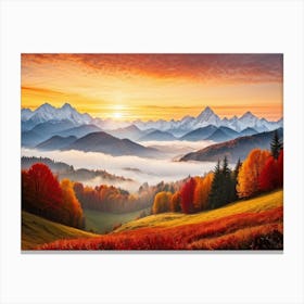 Autumn Landscape Panoramic View Of The Tatra Mountains Leaves In Vivid Shades Of Red Orange And 2 1 Canvas Print