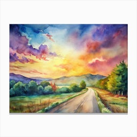 A Peaceful Countryside Road Scene With A Vibrant Canvas Print