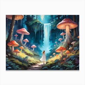 Woman Walking Through A Mystical Forest With Glowing Mushrooms And A Waterfall 4 Canvas Print