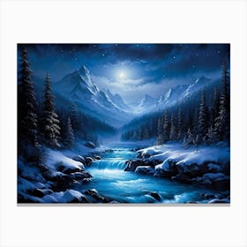 Midnight Landscape Of Snow Covered Mountain Forests Deep Valleys And Large Small Rocks Scattered Canvas Print