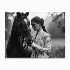 Black And White Photograph Capturing An Equestrian Woman With Delicate Braided Hairstyle Donned In Canvas Print