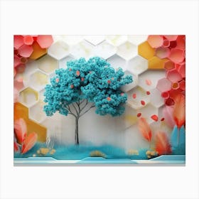 Abstract Scene With A Turquoise Tree Against A Vibrant Hexagon And Feather Canvas Print