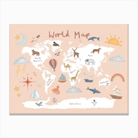 World Map In Pink Canvas Print