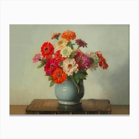 Flowers In A Blue Vase, Zinnias, Floral Still Life Vintage Art Canvas Print