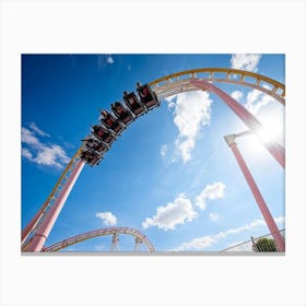 Exciting Roller Coaster Twisting Around A Sunlit Sky Safe Velvet Seats For Thrilling Riders Cheerf Canvas Print