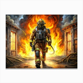 Firefighter In Protective Gear Walking Through Flames Canvas Print