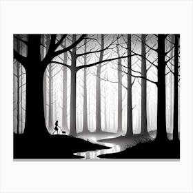 Silhouette Of A Girl In The Forest, black and white monochromatic art Canvas Print