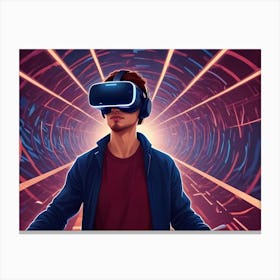 Young Man Wearing A Vr Headset Standing In A Futuristic Tunnel With Glowing Lines Canvas Print