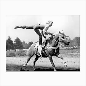 Cowgirl Trick Riding A Horse, Black and White Old Photo, Vintage Cowgirl Canvas Print