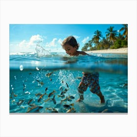 Boy Playing In The Ocean Canvas Print