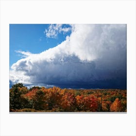 Cumulus Clouds Towering High Above A Serene Autumnal Landscape Sunlight Piercing Through Overcast S 1 Canvas Print