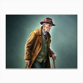 An Elderly Gentleman In A Brown Coat And Hat Walking With A Cane: A Portrait Of A Senior Citizen Canvas Print