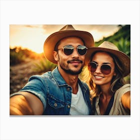 Happy Couple Taking Selfie At Sunset Canvas Print