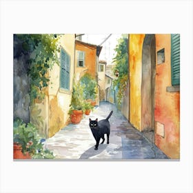 Black Cat In Reggio Calabria, Italy, Street Art Watercolour Painting 1 Canvas Print