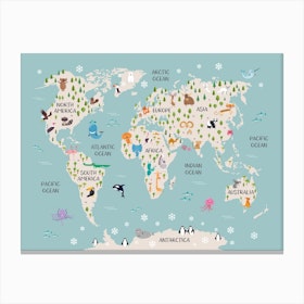 Kids Animal World Map In Blue Canvas Print