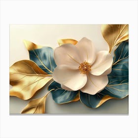 3d Flowers With Pink Petals, Golden Buds And Green Leaves Canvas Print