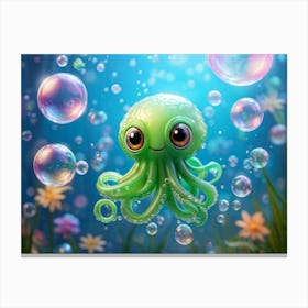 Cute Cthulhu With Large Eyes Ensconced Within Glistening Soap Bubbles Suspended Mid Air Photoreali Canvas Print